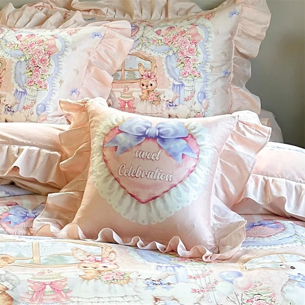 Cotton Detachable Cored Pillow Cute Girl's Lace Square Pillow Sofa Cushion Bow Love Printed Pillow Princess Sweet Style 35x35cm