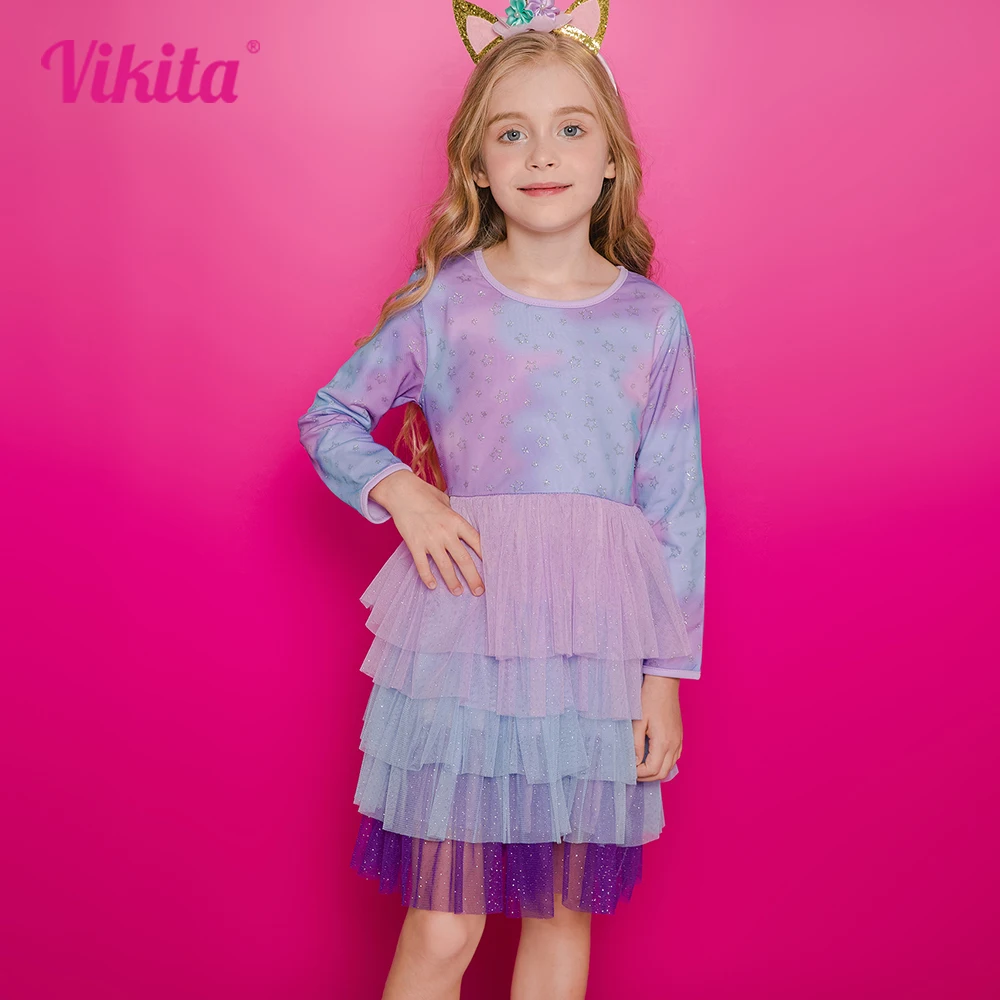 

VIKITA Kids Star Print Dress Girls Performance Birthday Party Prom Gown Stage Cake Layered Elegant Princess Dress Kids Costumes