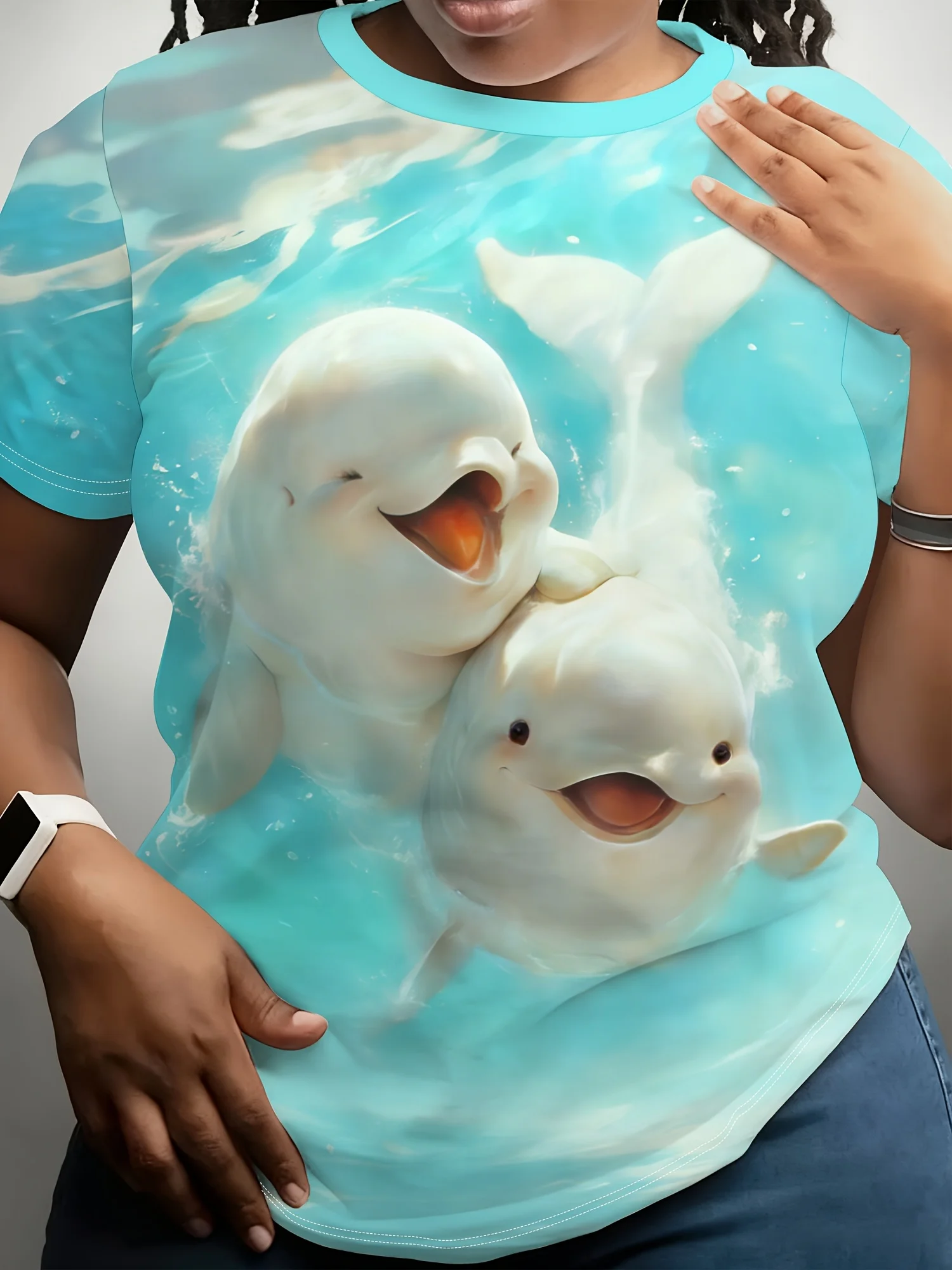 Men Short Sleeve T‑Shirt Cute Happy Beluga Whales Ocean Underwater Crew Neck Casual Tops