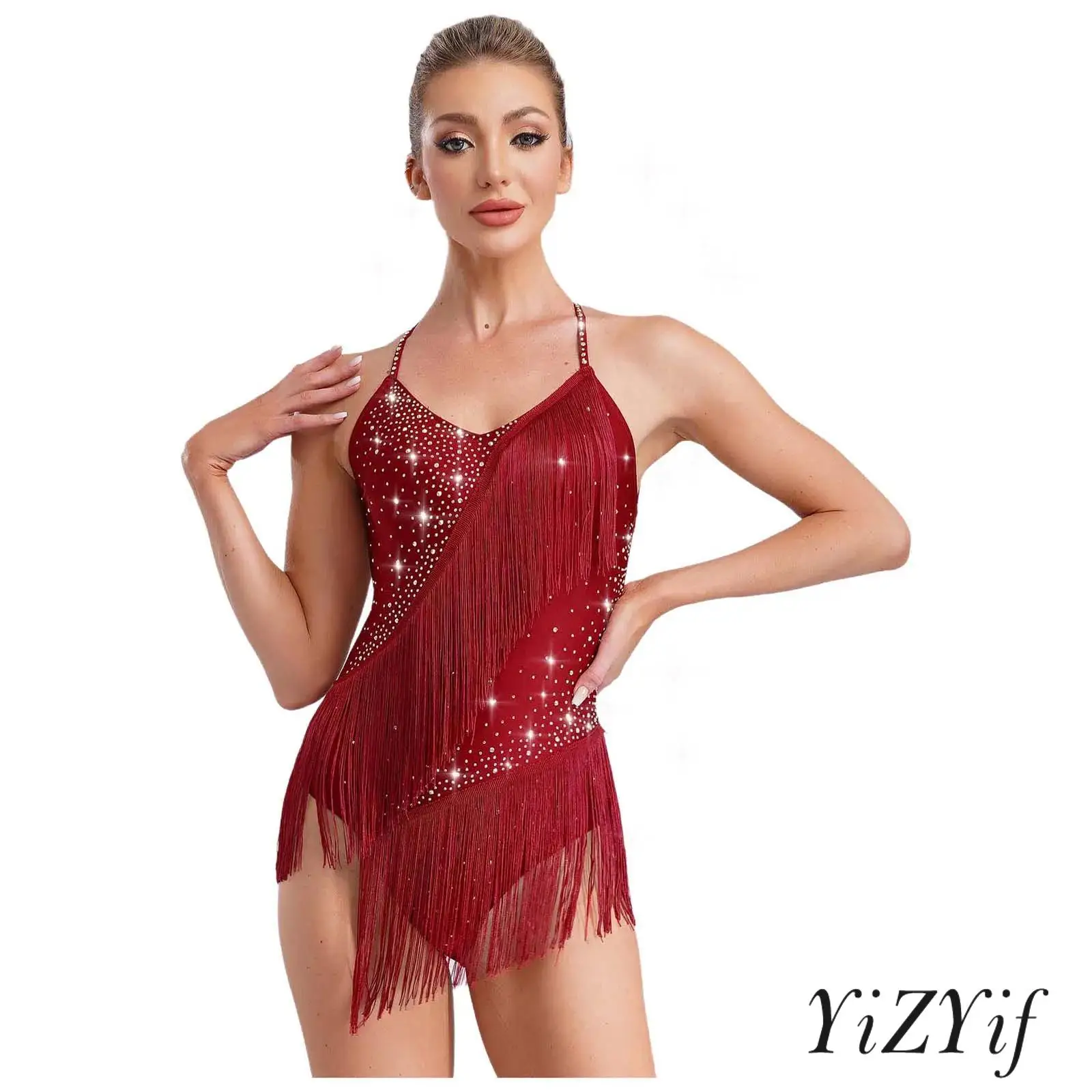 

Women Professional Latin Tango Leotard Openable Crotch Glitter Rhinestone Tassel Irregular Hem Rumba Salsa Dress Latin Dancewear