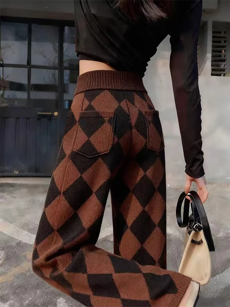 

High Waist Thiened Winter Casual Pants Women's Diamond Pattern Wide Leg Pants Slim Straight Leg Pants Coffee Color