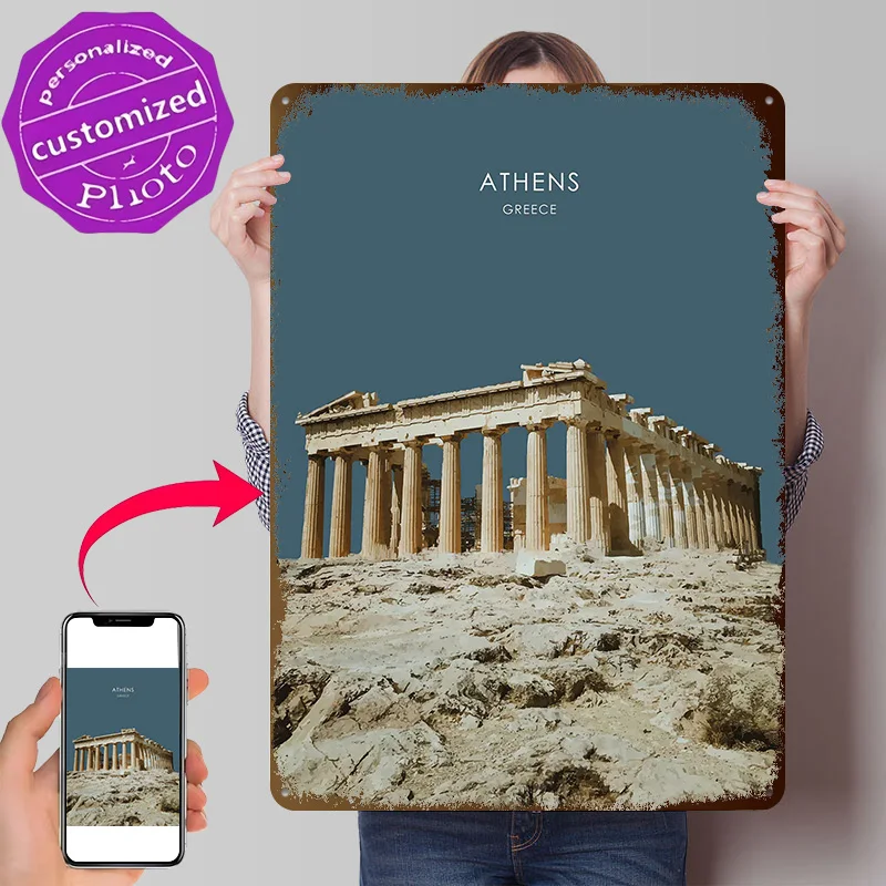 Athens Acropolis Artwork Personalized 3D Textured Metal Poster Wall Art Vintage Tin Signs for Coffee Bar Accessories Wand Deko