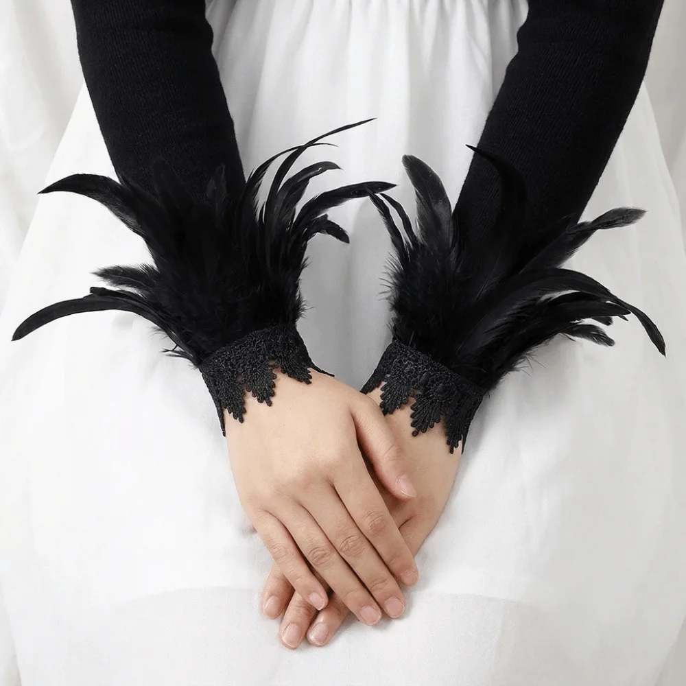 Black Lace Fluffy Feather Wrist Cuffs Lightweight Adjustable Halloween Arm Cuff Gloves Chic Gothic Plume Bracelet Costume Prop