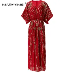 MARYYIMEI V-Neck Half Sleeved Sequins Beading Embroidery Dress 2024 Spring Summer New Women's Streetwear High waisted Dresses