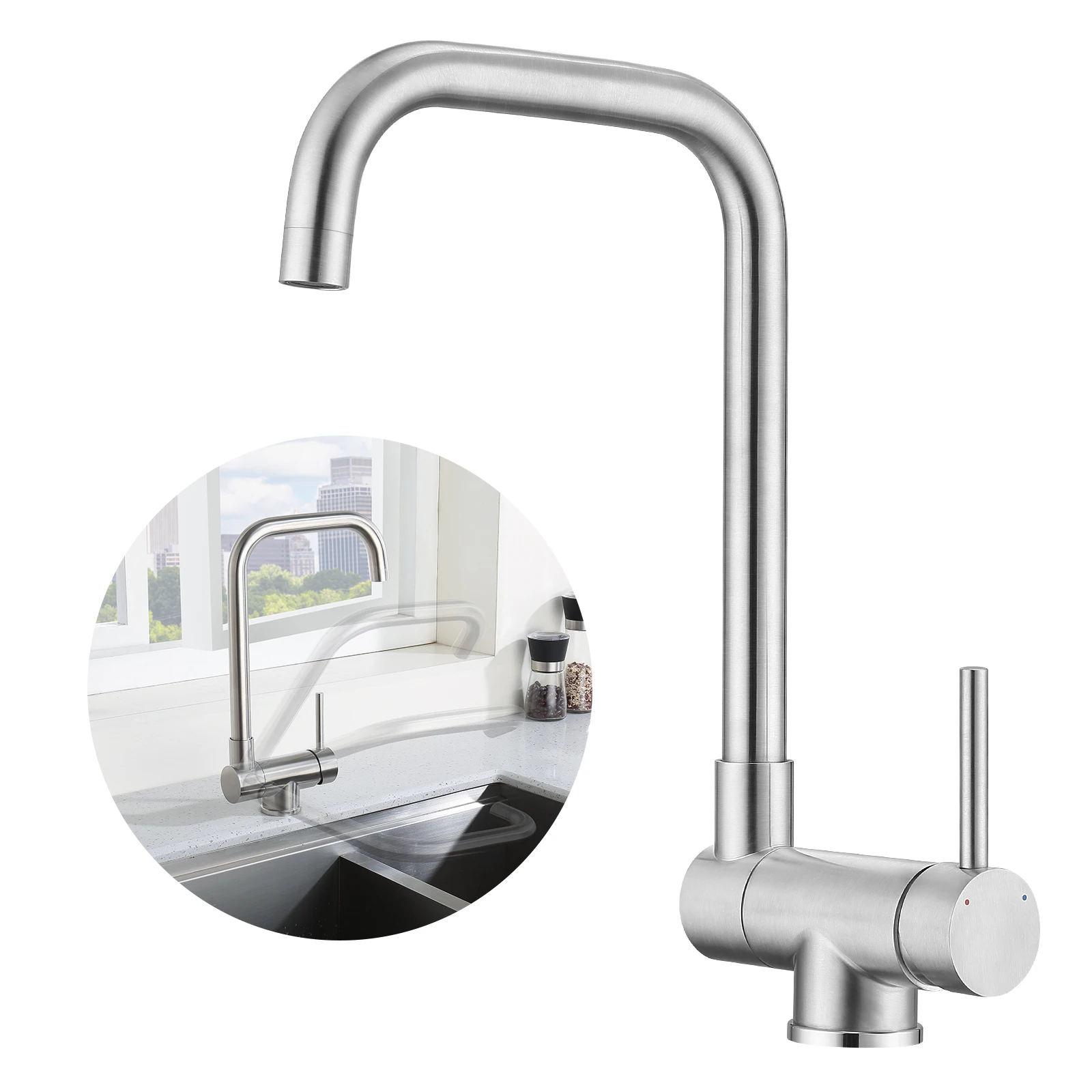 Rubinetto da cucina con finestra anteriore Oeegoo, rubinetto da cucina, 360 ° Rubinetto da cucina girevole, sotto la finestra, miscelatore per lavello realizzato in spazzolato