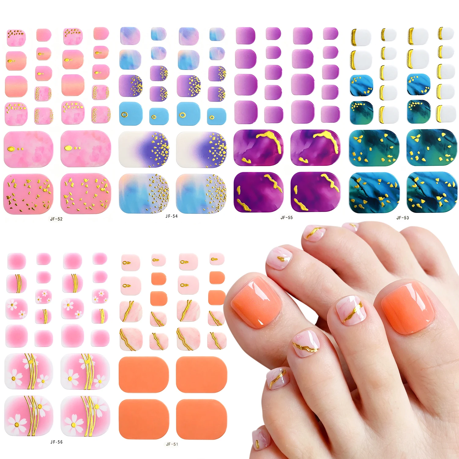 6Pcs/Set Gradient Marble Toenail Stickers Gold Foil Flower Flakes Self Adhesive Nails Wraps Baking-Free Summer Manicure Strips N
