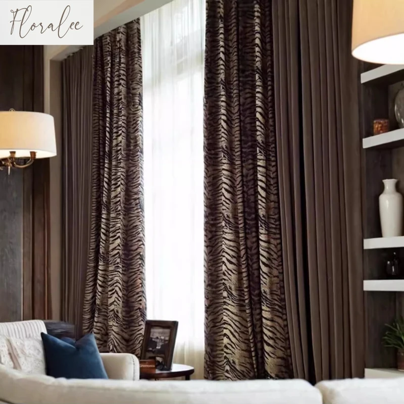 Luxury High-end Curtains for Living Room Velvet Cloth Italian Dark Gray Zebra Pattern Black Velvet Personality Leopard Pattern