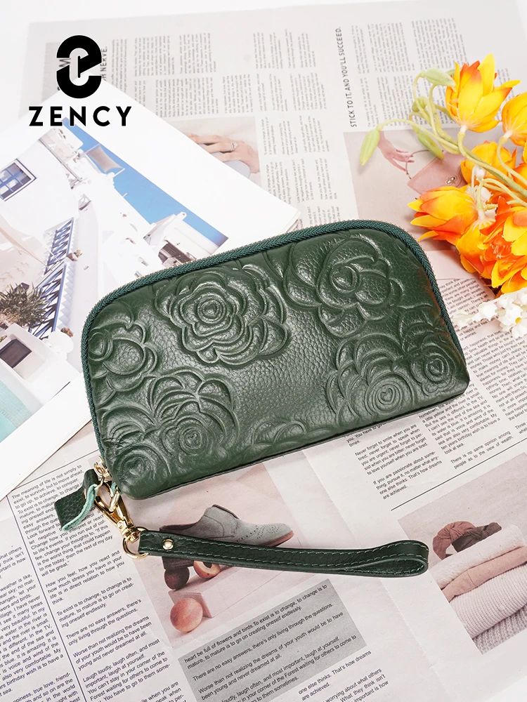 Zency Women Vintage Wallets Leather Flower Ladies Zipper Coin Purse Female Small Clutch Money Bag Credit Card Hold 2025 Rose New