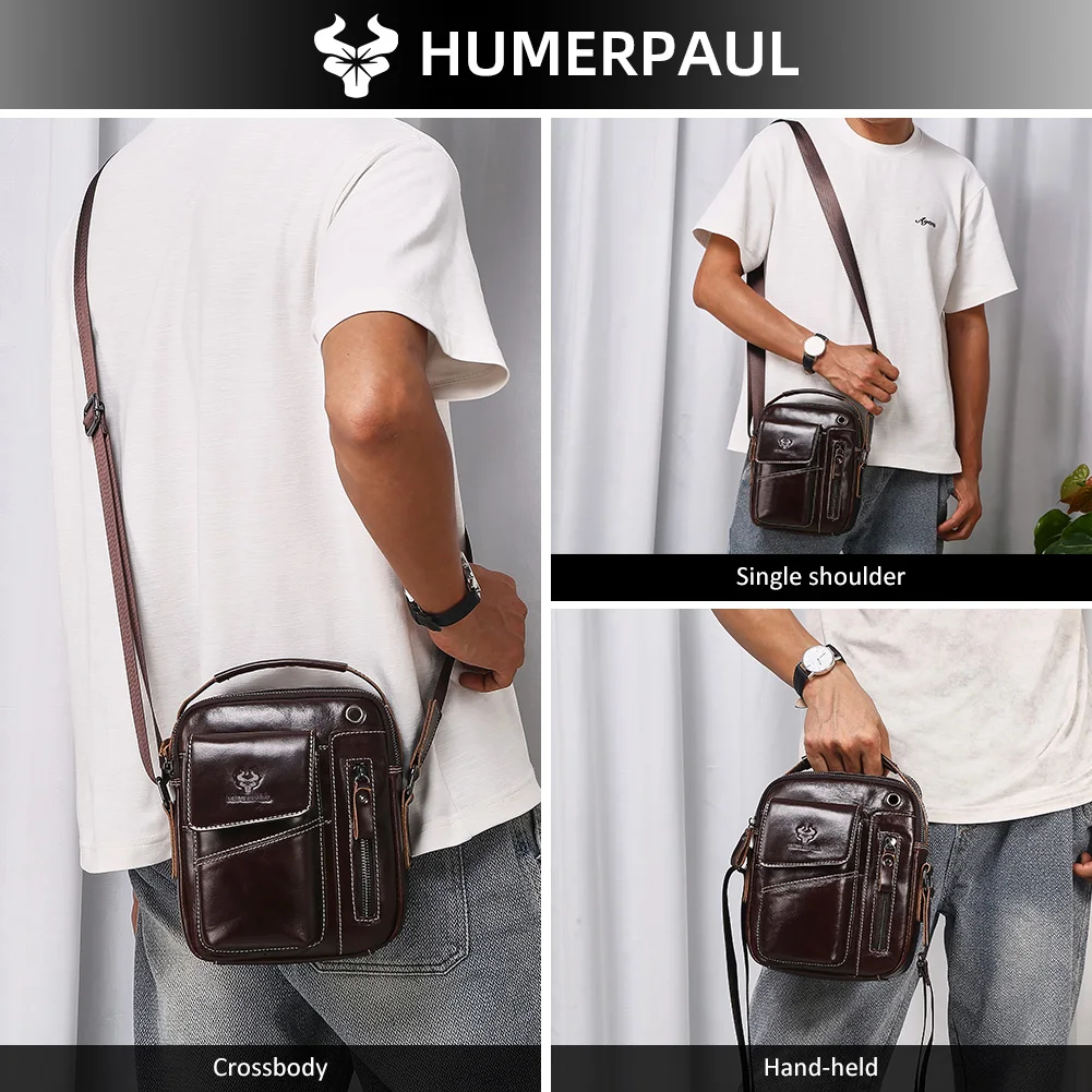 HUMERPAUL Vintage Genuine Leather Mens Messenger Bag, Business Casual Crossbody Sling Pack, Multi-Pocket Cell Phone Bag for Work