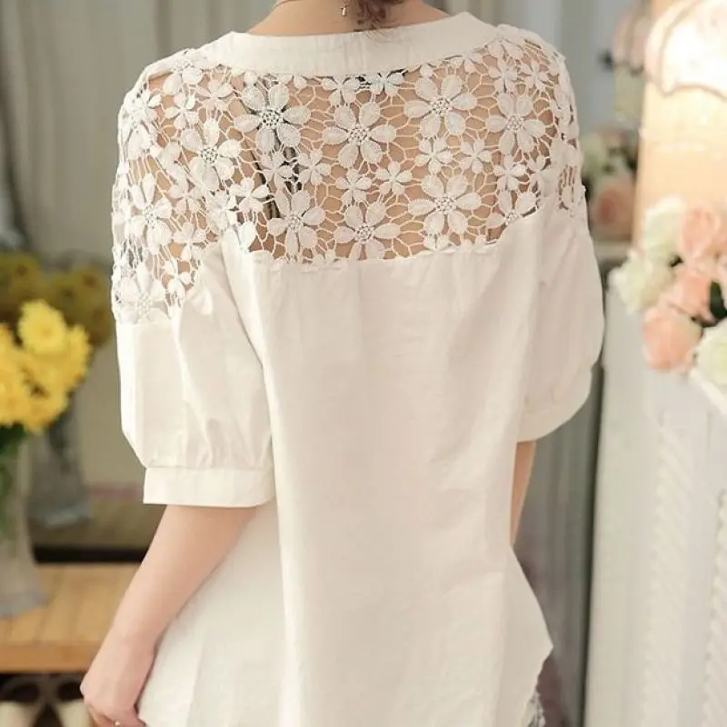 Elegant Fashion Solid Hollow Out Lace Chiffon Shirt Summer 2023 New Streetwear O-Neck Short Sleeve Loose Pullover Women Clothing