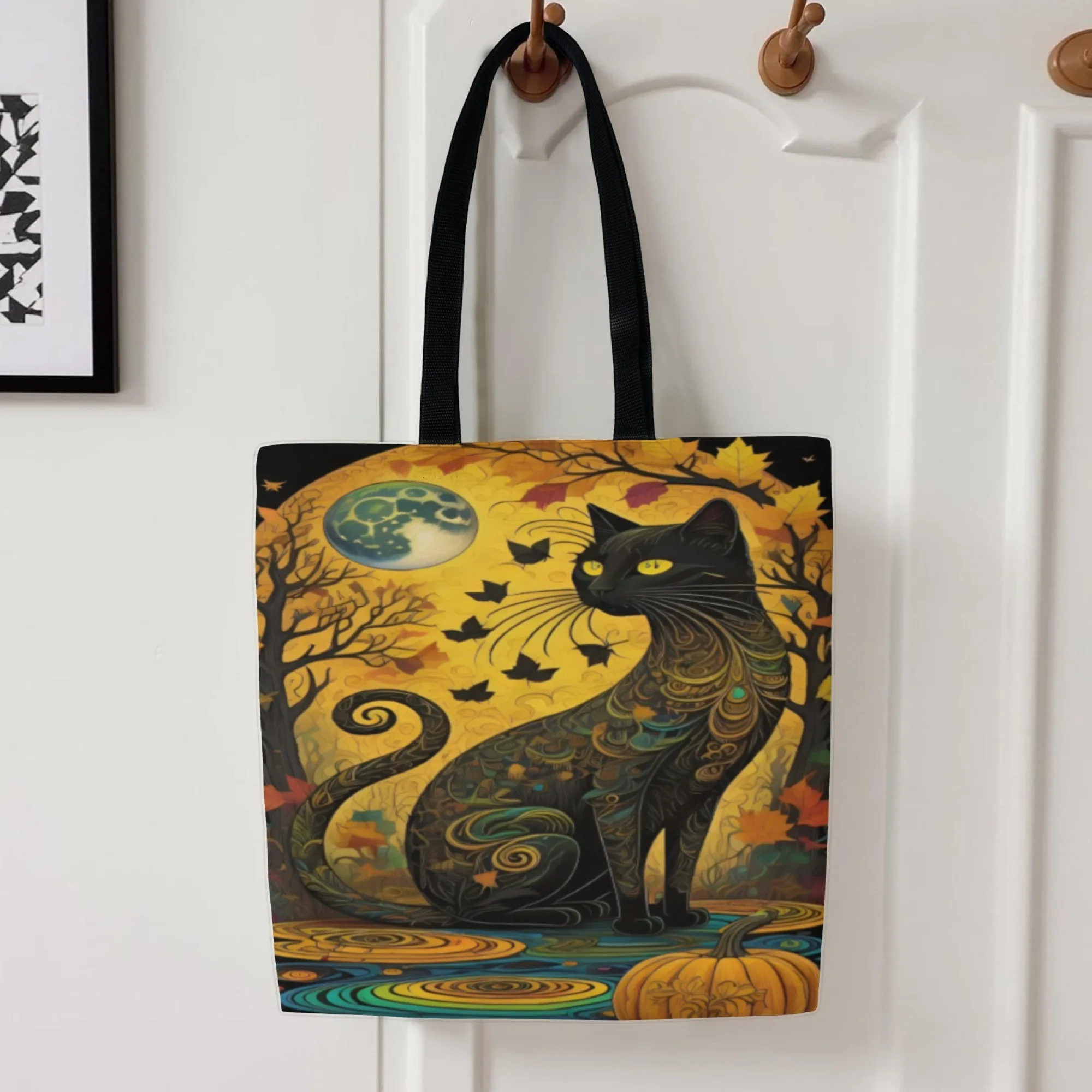 

Богемная женская большая сумка с черным котом, винтажная сумка-тоут с луной и листьями тыквы, большая художественная холщовая сумка-шоппер, уникальная идея подарка