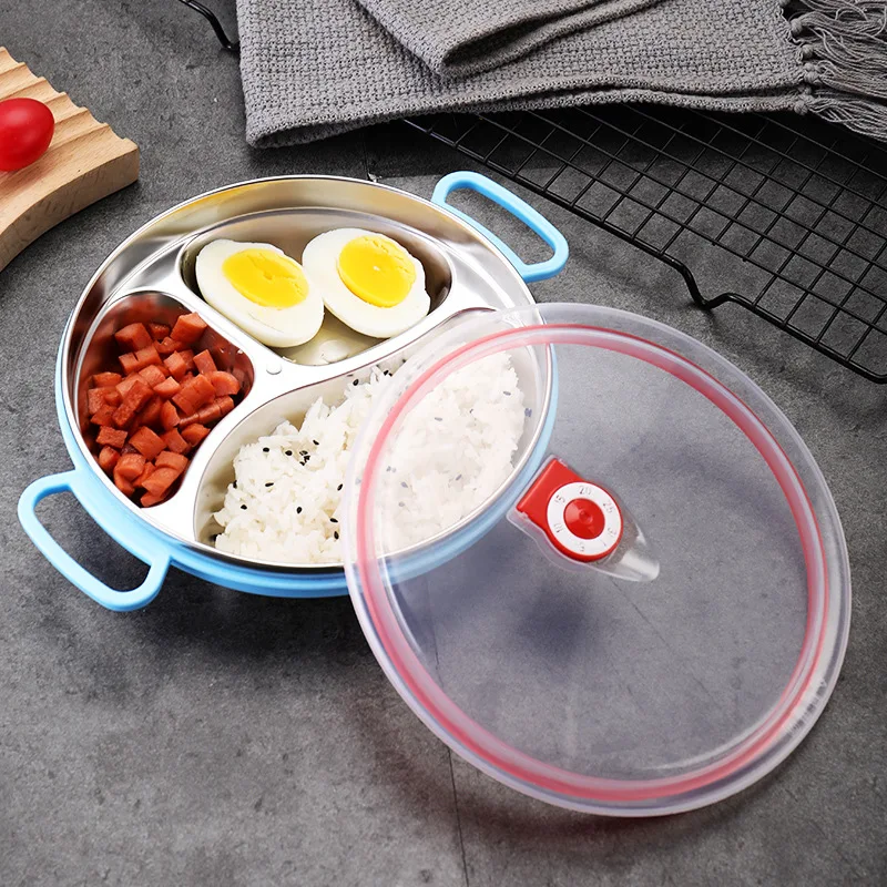 304 Stainless Steel Divided Dinner Tray Children Student Lunch Box with Cover Durable Double Ear Food Storage Plates