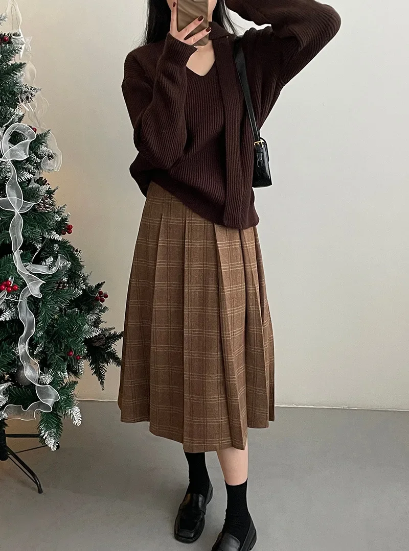 Vintage Pleated Plaid Skirts Women Korean Chic Casual High-waisted A-line Jupe 2024 Autumn Winter Korean Chic Faldas Mujer