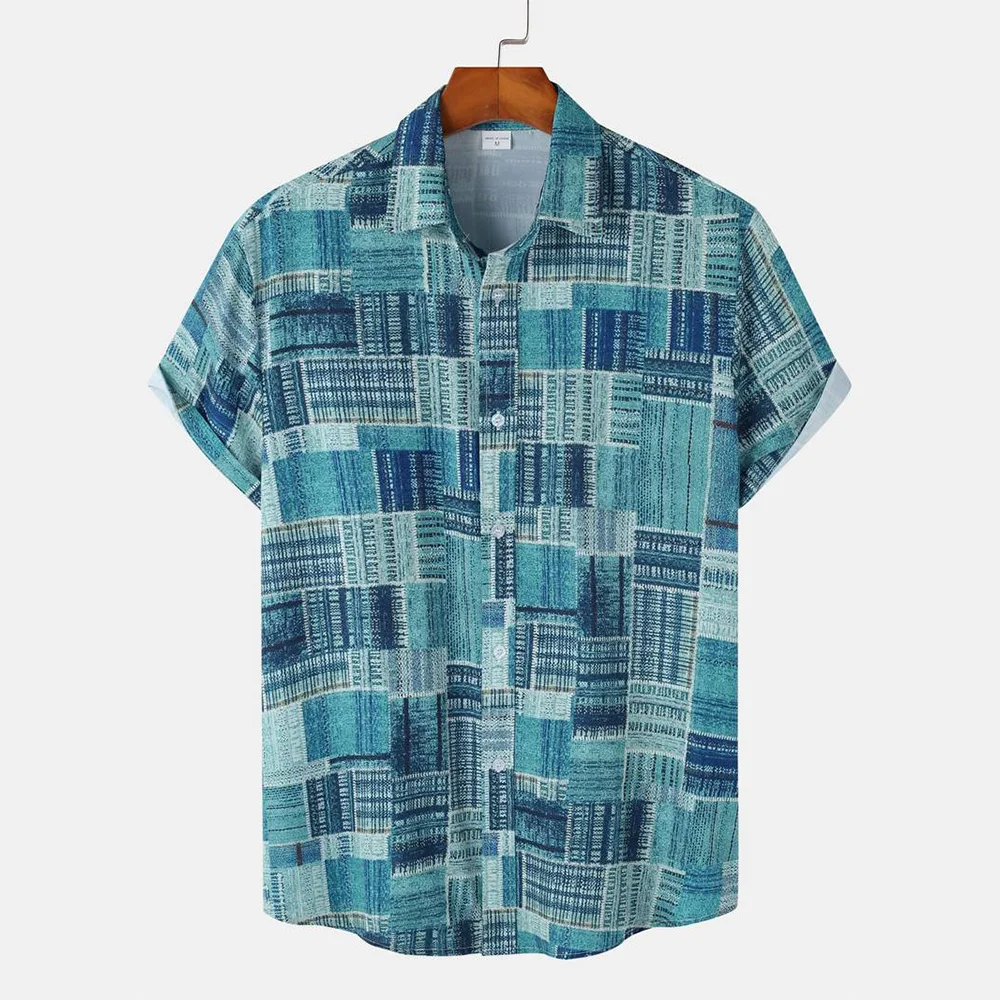 2025 New Men's Summer Short Sleeve Shirt Vintage Patchwork Printed Button Down T-Shirt Hawaii Fashion Comfortable Lapel Shirt