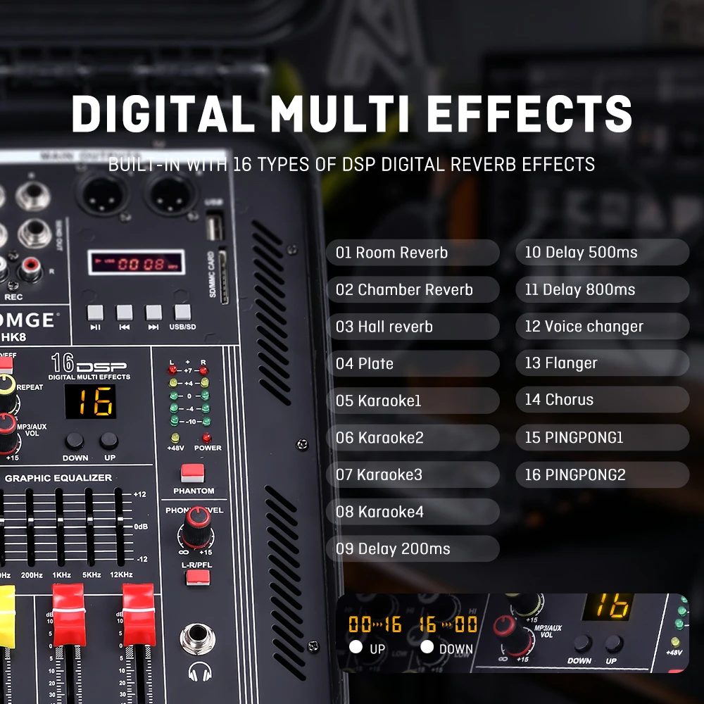 BOMGE HK-8 Professional Mixer with Power Amplifier, 8 Channels DJ Audio Mixer, 16 DSP Effects