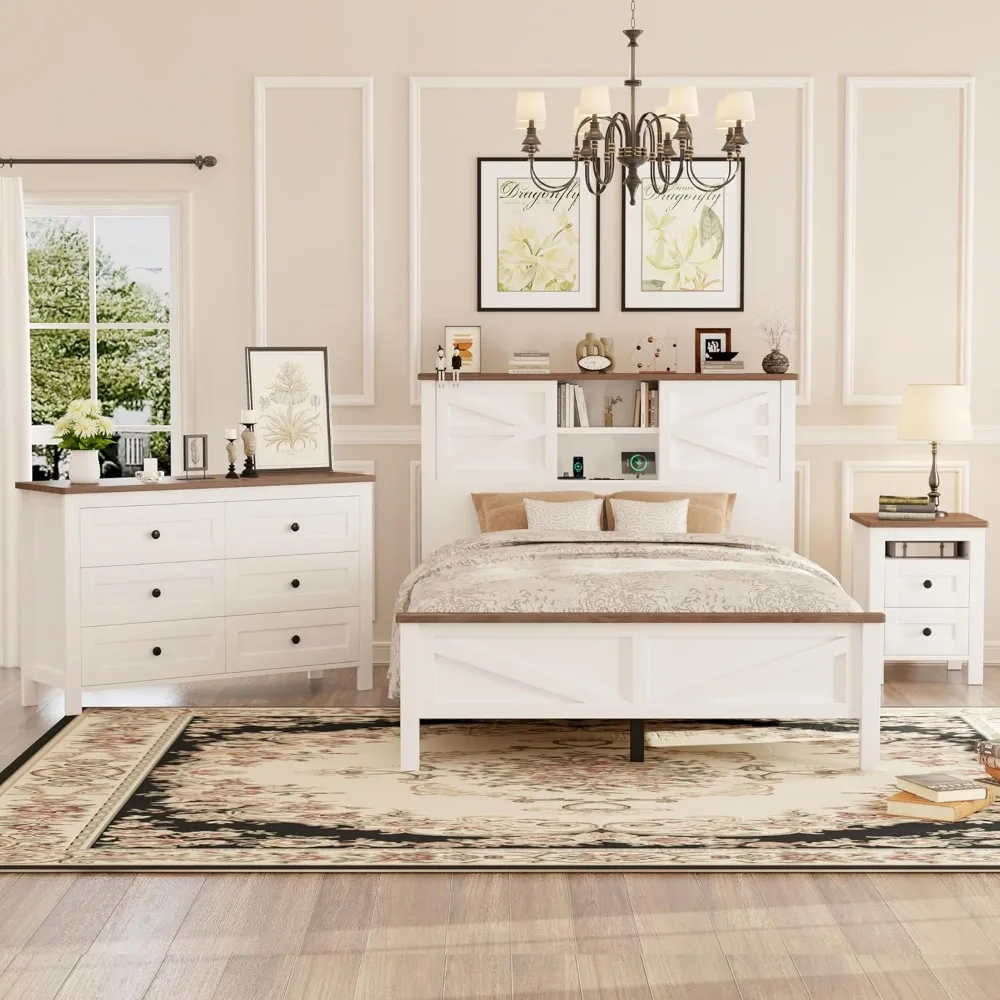 

Full-Size Farmhouse Style 3-Piece Bedroom Set: Platform Bed with Sliding Door Headboard Storage, Matching Nightstand, and Dresse