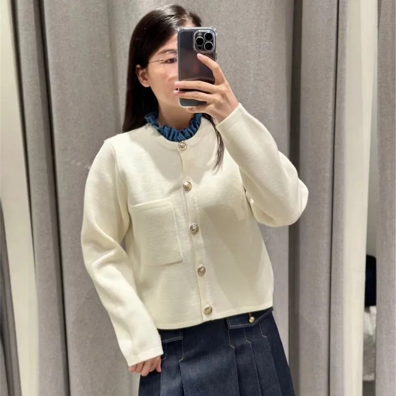 Women's Cardigan 2024 New Spring Autumn Single Breasted Detachable Collar Casual Long Sleeve Sweater with Pockets