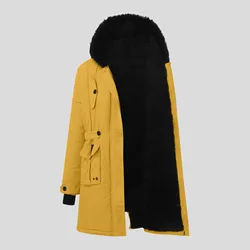 Winters Women's Fur Collar Mid-length Parka Coat Solid Color Fluffy Hat Zipper Waist Drawstring Warm Parka Coat Jacket Outwear