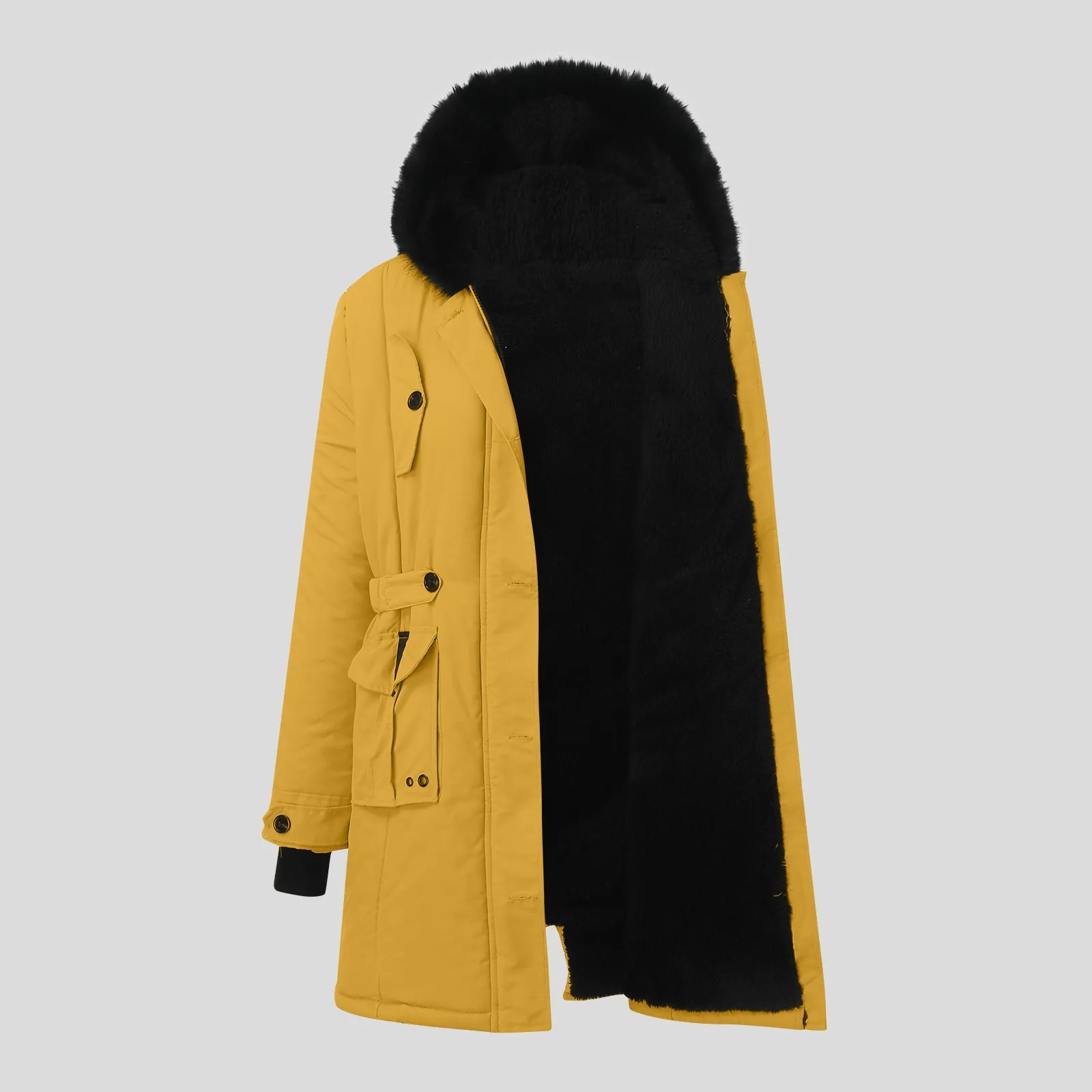 Winters Women's Fur Collar Mid-length Parka Coat Solid Color Fluffy Hat Zipper Waist Drawstring Warm Parka Coat Jacket Outwear