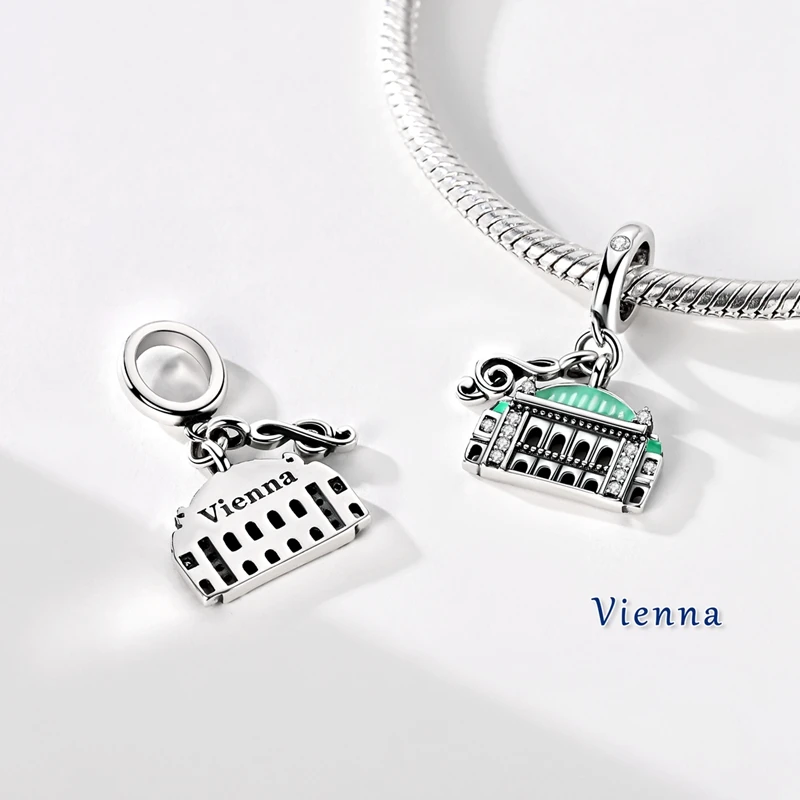 

925 Sterling Silver Travel Charms Bead CZ Zircon Vienna Opera House Dangle Fit Original Bracelet DIY Women Jewelry Gift
