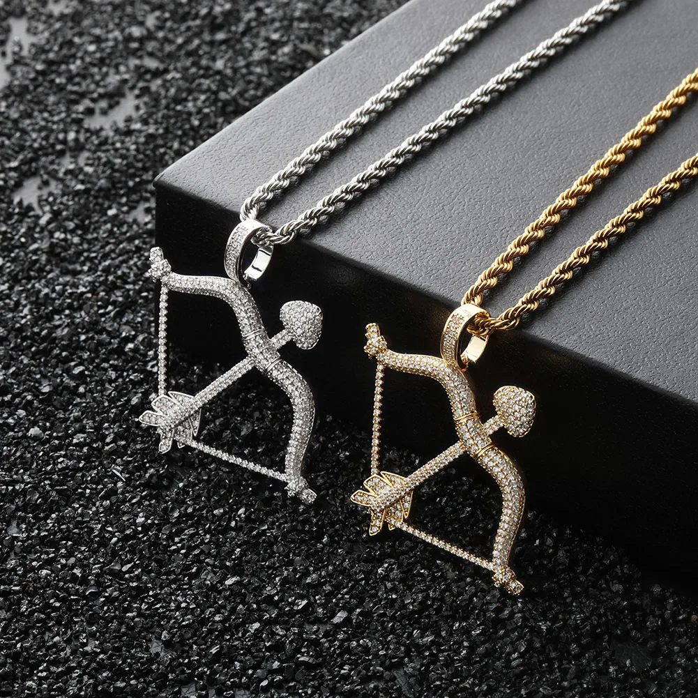 New Designed Iced Out Bow & Arrow Pendant Solid Back Necklace Hip Hop Gold Silver Color Mens/Women Charm Chain Jewelry