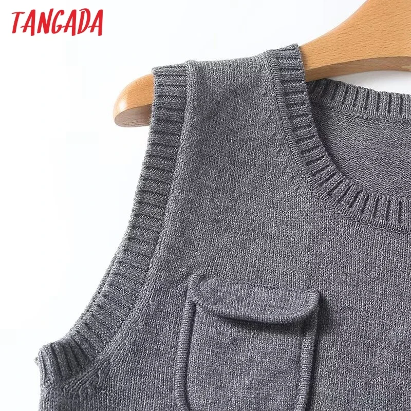 Tangada Spring Women Gray Crop Waistcoat Pocket Female Chic Knitted Vest 4C323