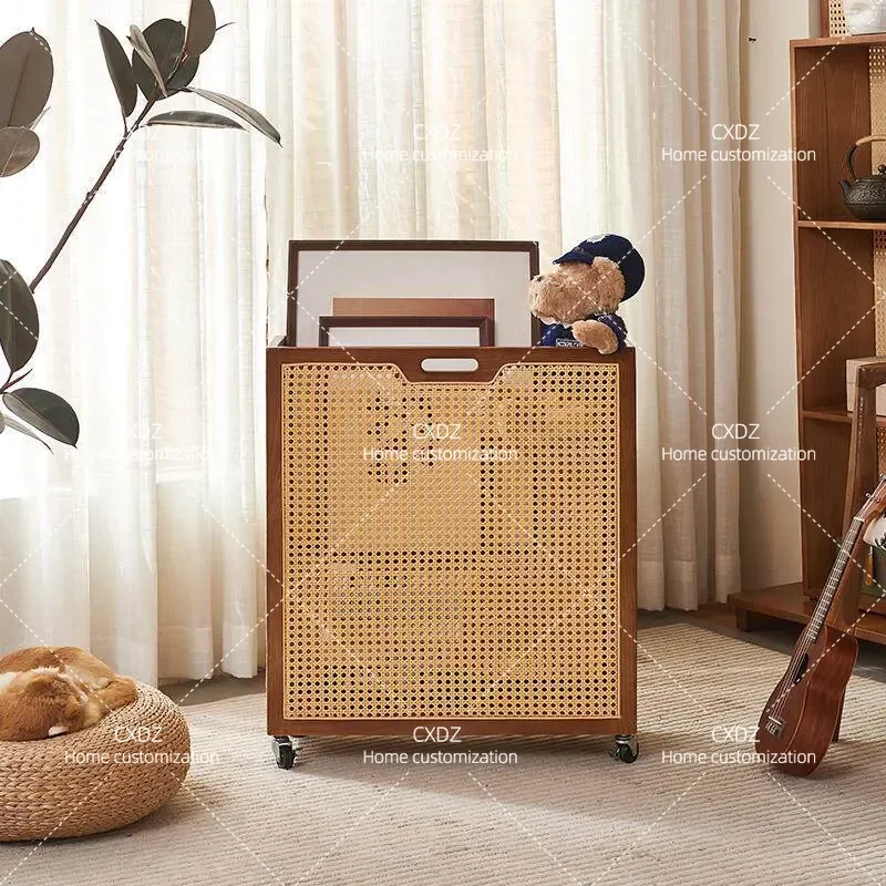 Medieval Solid Wood Rattan Storage Box with Wheels Movable Basket for Badminton Racket Yoga Mat Fitness Equipment