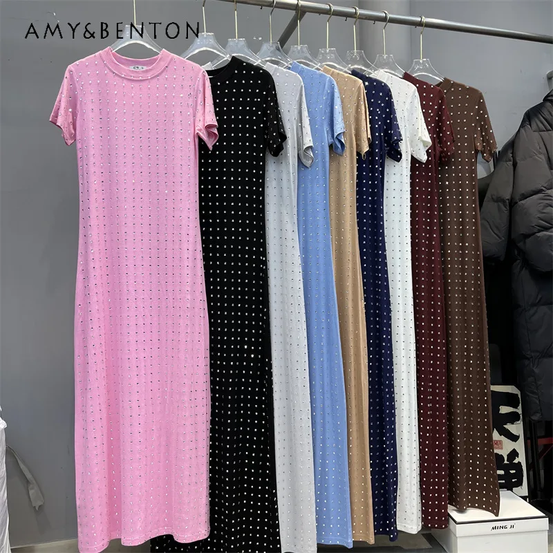 

Long Over-the-Knee Bare-Leg Tight Heavy Glass Rhinestone O-Neck Short Sleeves Dresses Solid Color Fashion High-End Dress Female