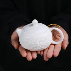 Dragon and Phoenix Teapot Embossed 220ml White porcelain Handmade  Single pot with filter Ceramic Kung Fu Tea Brewer