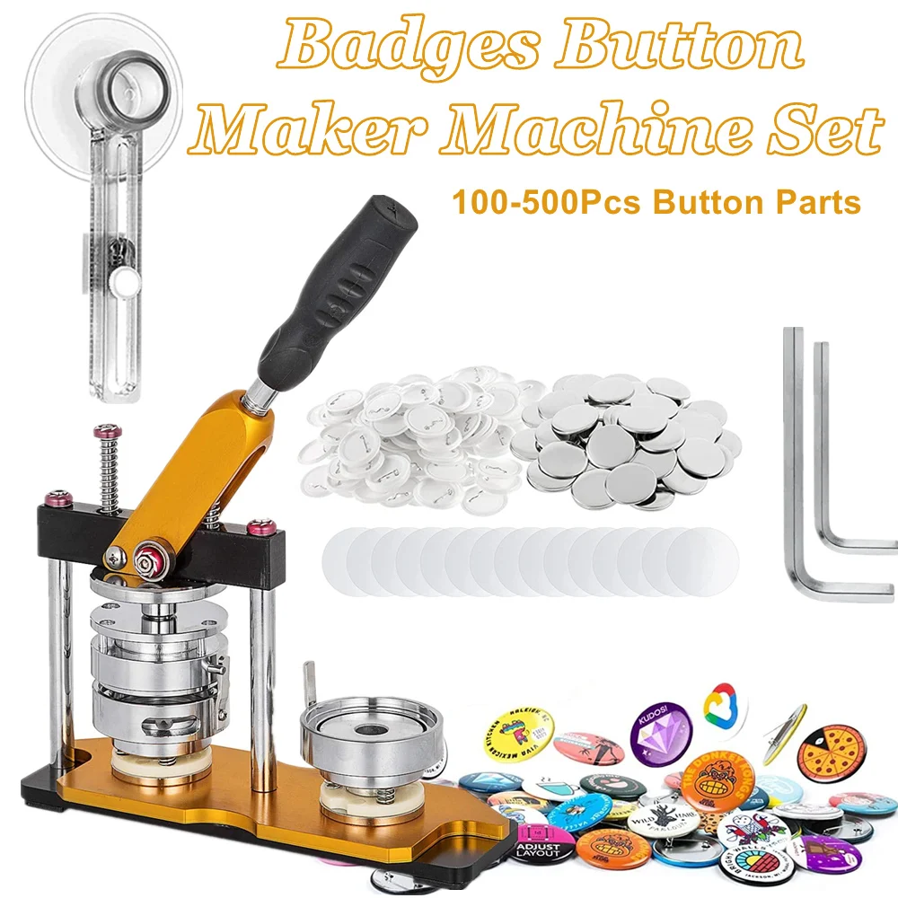 

25-75MM Badges Button Maker Machine Sets, DIY Pin Badges Button Press Kits with 100-500Pcs Button Parts+Circle Cutter+Mold+Tools