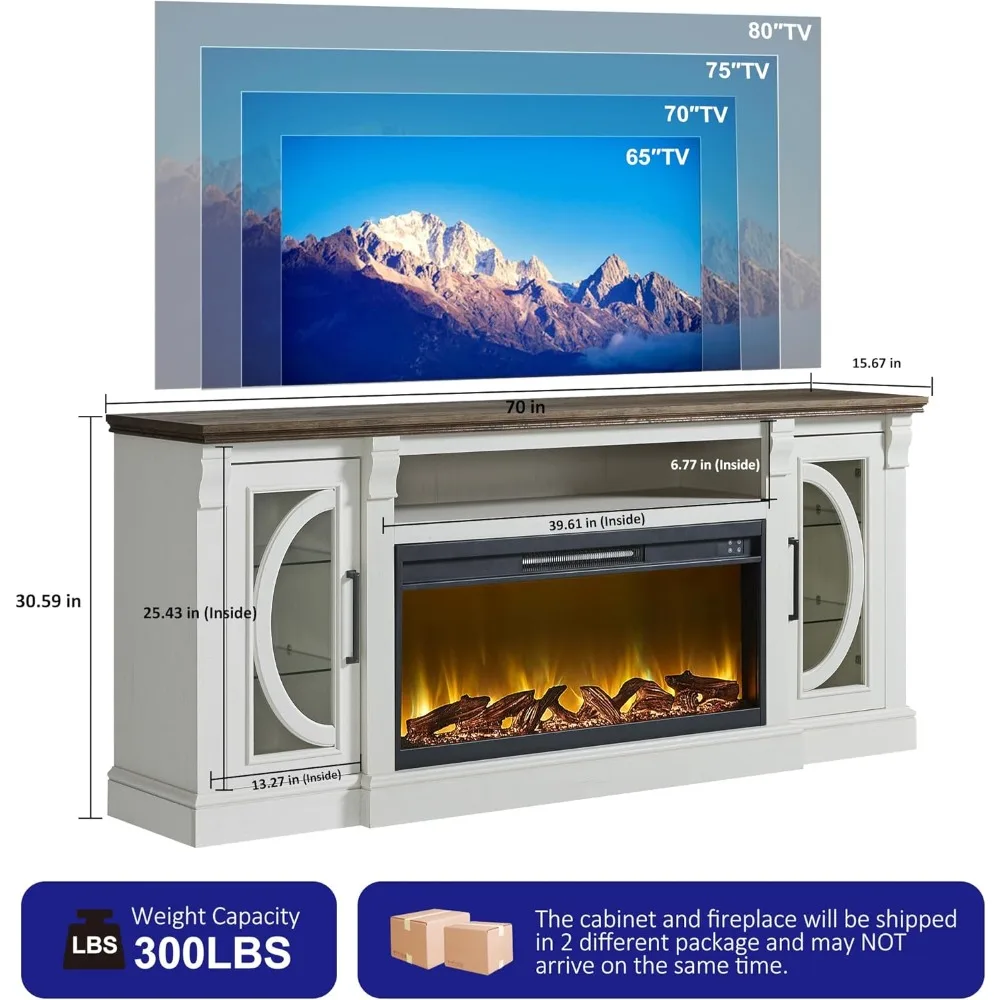 مركز ترفيه مدفأة كهربائية LED لـ 80 تلفزيونًا، حامل تلفزيون على طراز المزرعة مع 36 مدفأة