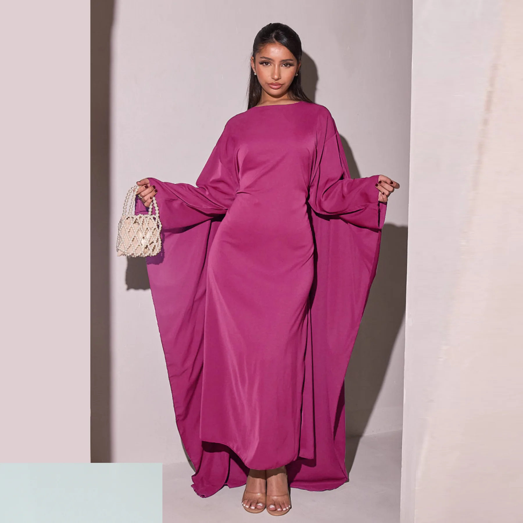 

Spring Summer Fashion Satin Party Dress Robe Abaya Muslim Women Elegant Solid Round Neck Bat Sleeves Loose Maxi Dress Women
