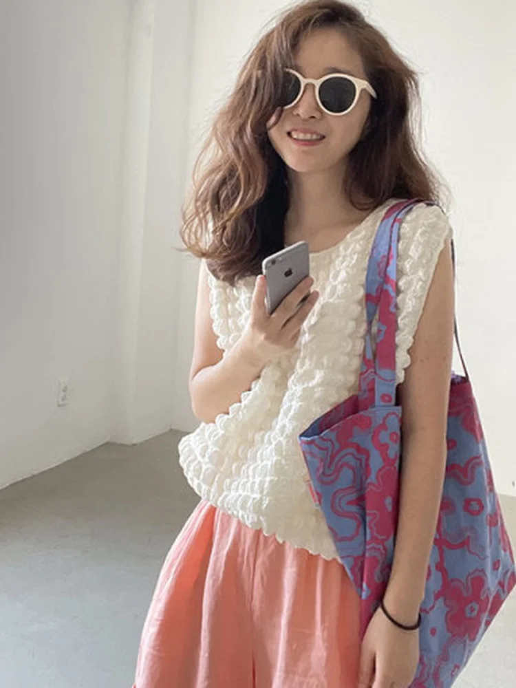 

Chic Bubble Pattern Sleeveless Vest Top Women's Loose round Neck Slimming Sweetened Age-Defying Texture Trendy Cotton Blend