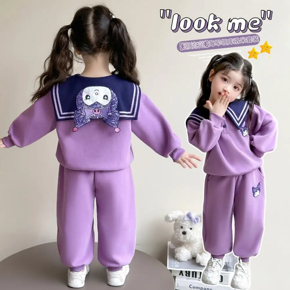 

Комплект пуловеров Sanrio Girl Kuromi, темно-синий стиль с воротником, топы, брюки, спортивная одежда, детская весенне-осенняя повседневная модная новая одежда Kawaii