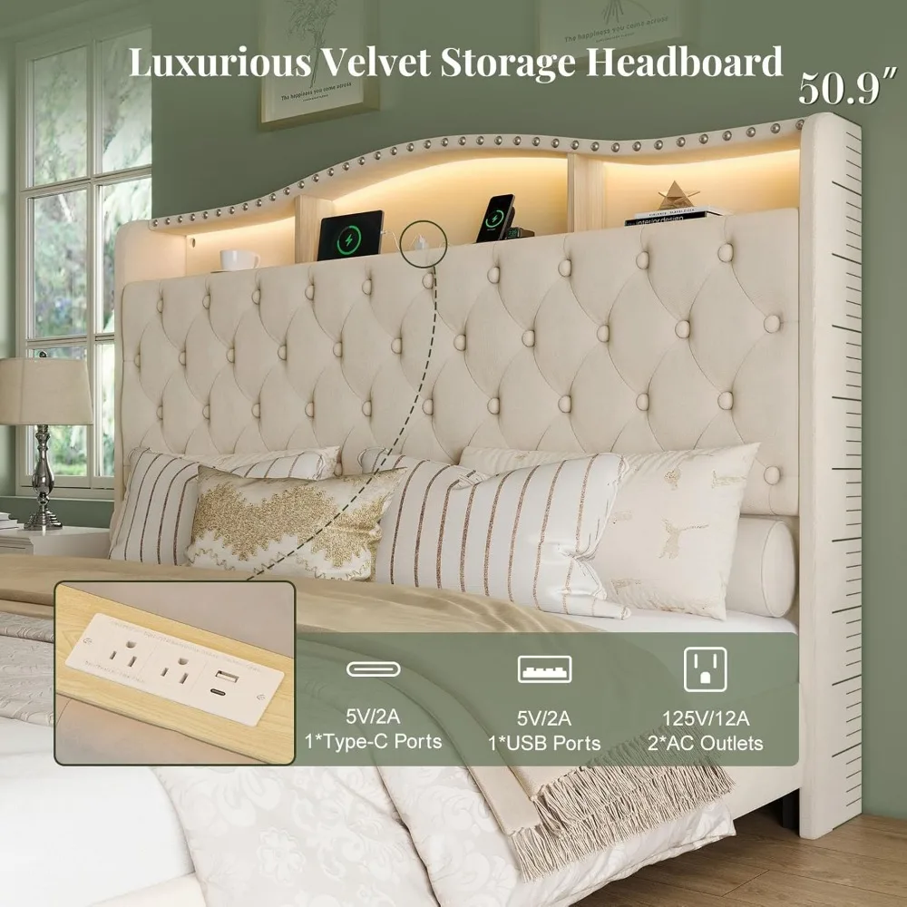 

50.9" Velvet Upholstered Wingback Bedframe with LED Lights & Storage/Charging Station