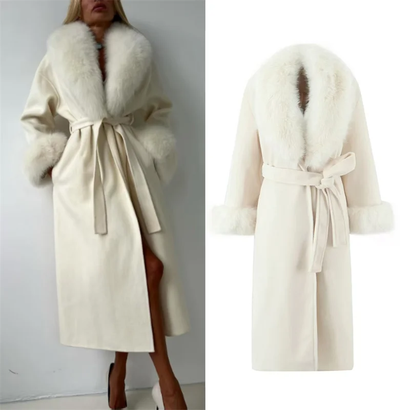 

Женское пальто, осень 2021, новый стиль, белое длинное пальто из искусственного меха с длинными рукавами и поясом, элегантное и стильное