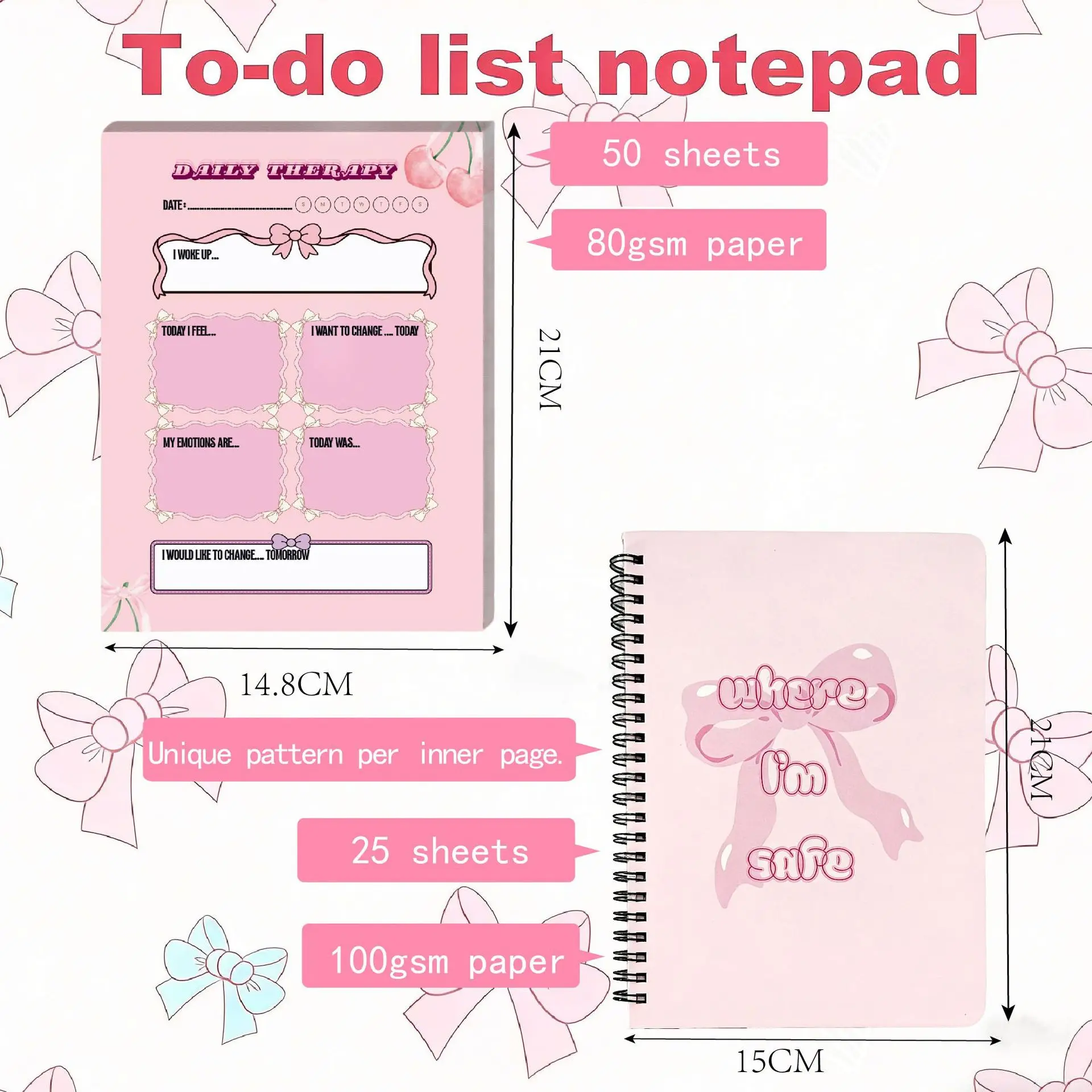Pink Cartoon Bow Coil Notebook Planner Sticky Notes Set Creative Student Tear-off Journal Notebook
