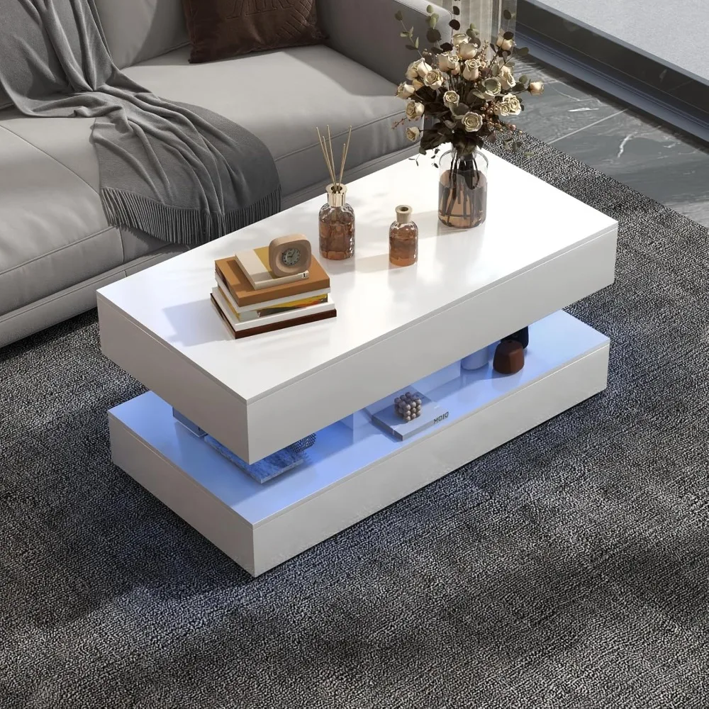 

OC Orange-Casual LED Coffee Table with Storage, High Glossy Center Table with 2 Sliding Drawers, Modern Stylish Rectangle Coffee