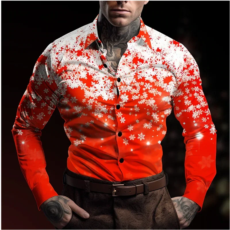 Snowflake 3D Printed Casual Men\'s Shirt Christmas Autumn and Winter Long Sleeve Lapel Ruby Top XS-6XL Stretch Fabric Shirt