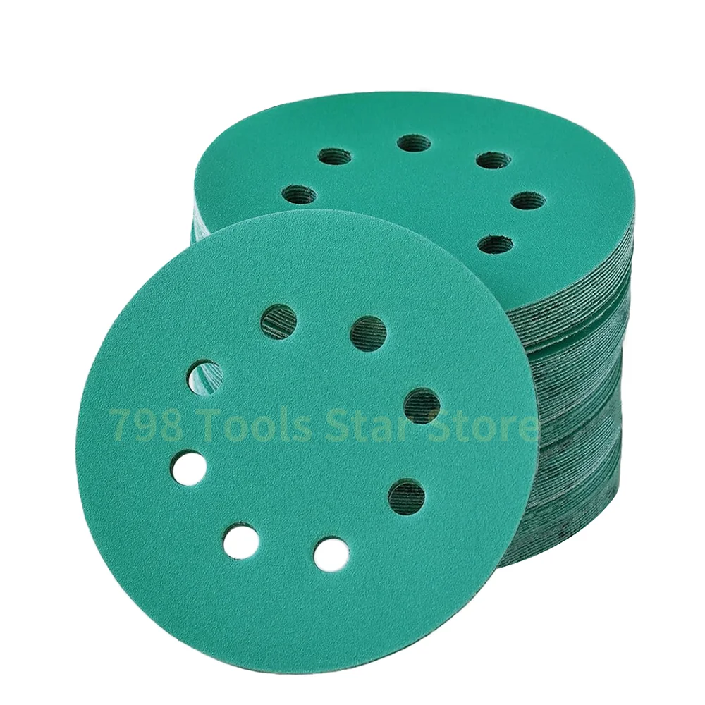 

100PCS 5 Inch 8 Hole Sanding Discs Green Polyester Film Backed Hook&Loop Sandpaper Disc for Random Orbital Sander 40-2000 Grits