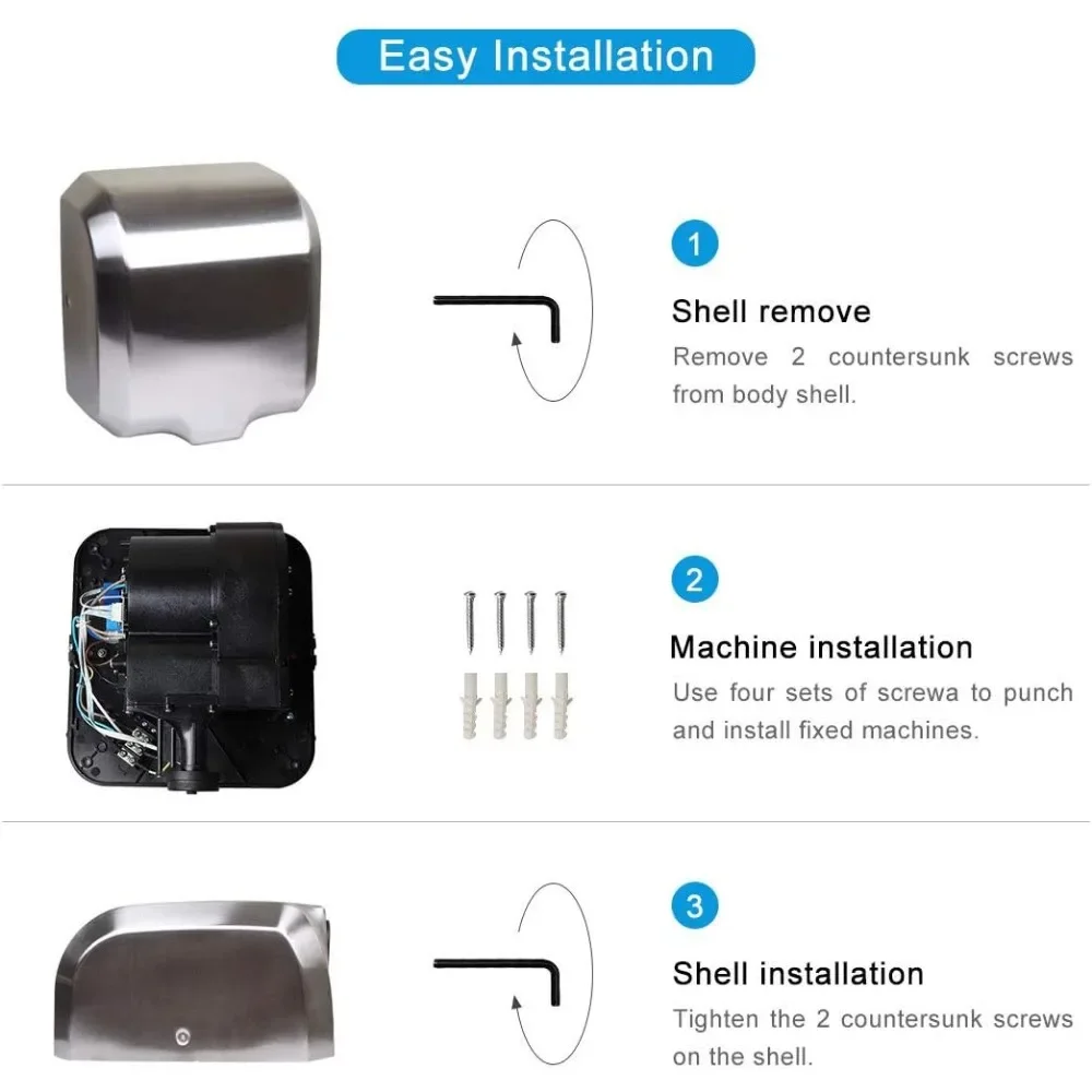 Stainless Steel Commercial Hand Dryer 1800w Automatic High Speed Heavy Duty Dull Polished Pack of 2