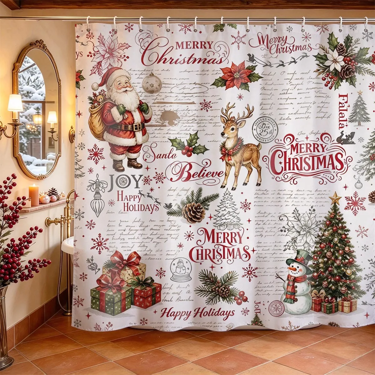 Christmas Shower Curtain Gingerbread Man Snowman Printed Curtain Waterproof Durable Bathroom Home Decor Christmas New Year Gift