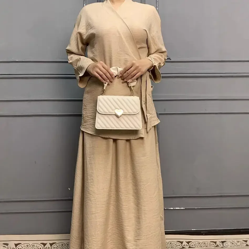 

Ramadan Eid Muslim Set for Women Lace Up Tops Skirt 2PCS Turkey Kaftan Dubai Abaya Islam Clothing Suit Femme Musulmane Ensembles