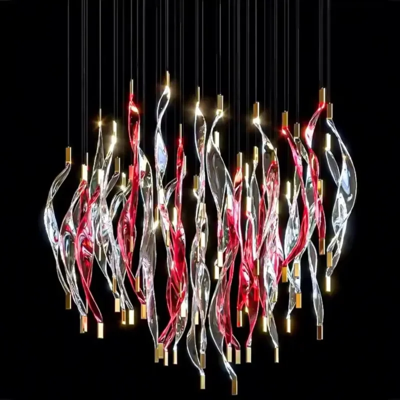 Red Twist Ribbon Hand Blown Glass Metal Luxury Chandelier
