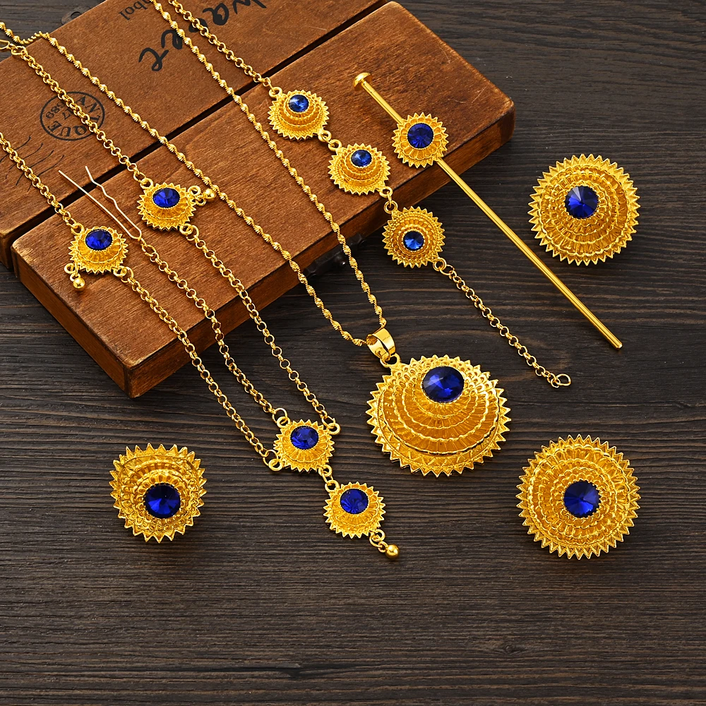 Ethiopian Traditional Blue Stone Gold Color Bridal Jewelry Set Necklace Earrings Ring Hairpain Gifts Wedding Jewellery For Women