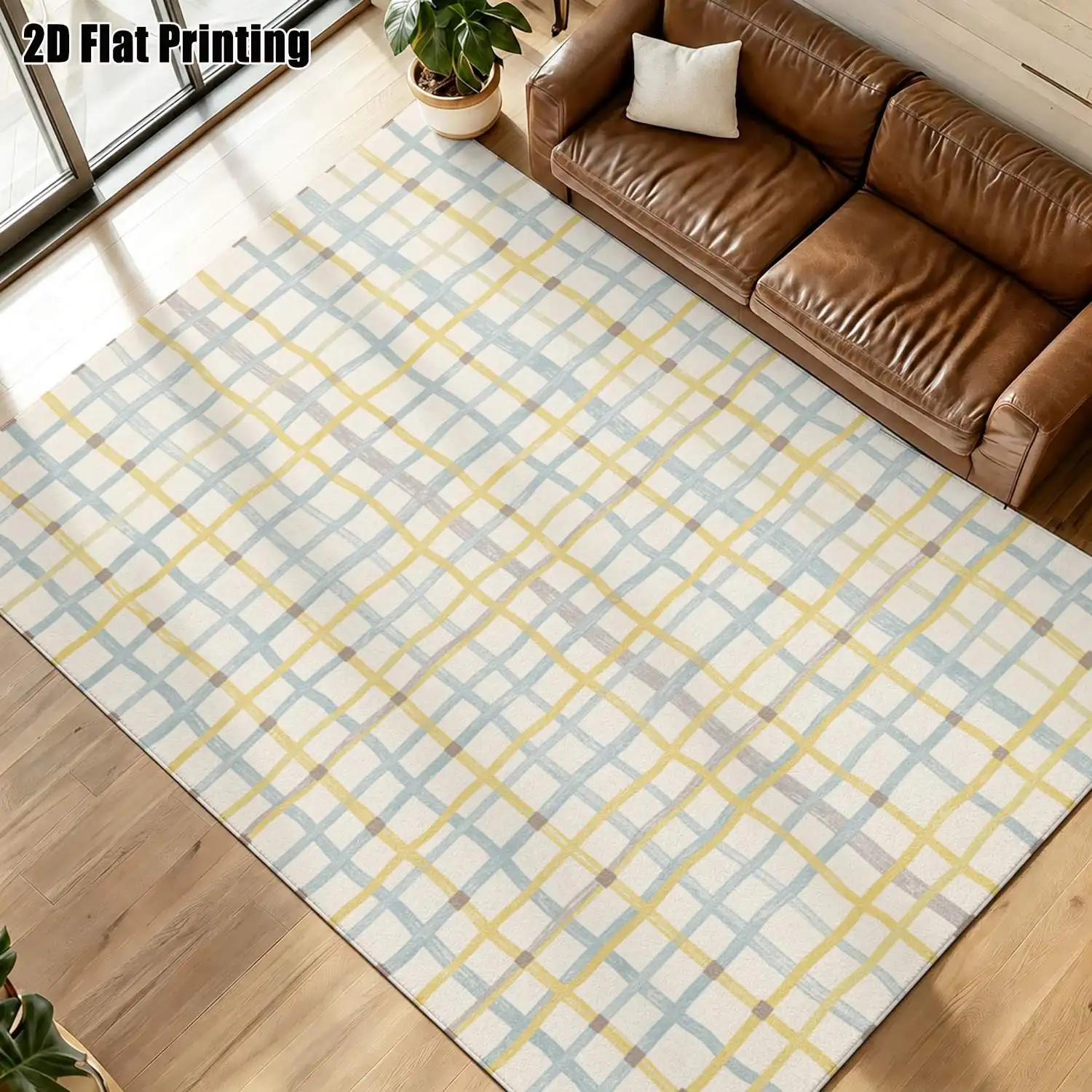 1Pc 2D Printed Light Yellow & Gray-Blue Plaid Nordic Modern Minimalist Geometric Striped Carpet, Machine Washable, Multi-Size, Home Decor for Entrance, Dining, Foyer, Bedroom, Study, Living Room