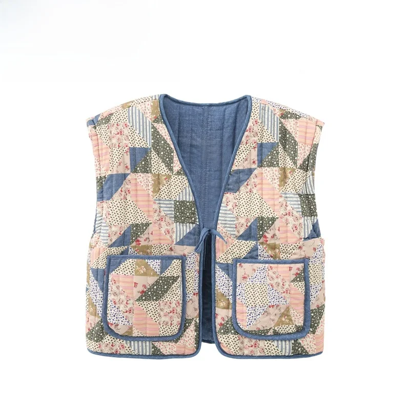 Fashionable Double-Sided Wear Cotton Vest Jacket Versatile Stylish New Women's Outerwear Short Length Geometric Patterned