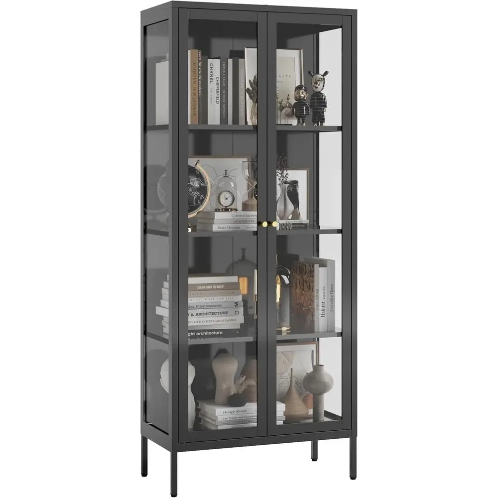 4-Tier Glass Display Cabinet, Tempered Glass Doors, Metal Storage Cabinet for Living Room, Suitable for Plants, Assembly Require
