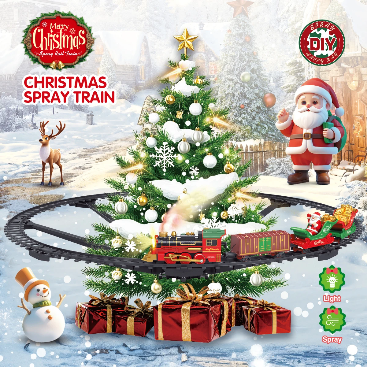 Christmas Tree Track Spray Train Toy with Sound and Light Effects - Interactive Gift for Kids