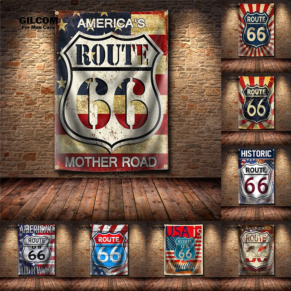 America's Route 66 US Mother Road  Retro Banner Flag Poster Wall Art Decoration AD Vintage Sign  Man Cave Garage Pub Club Bar